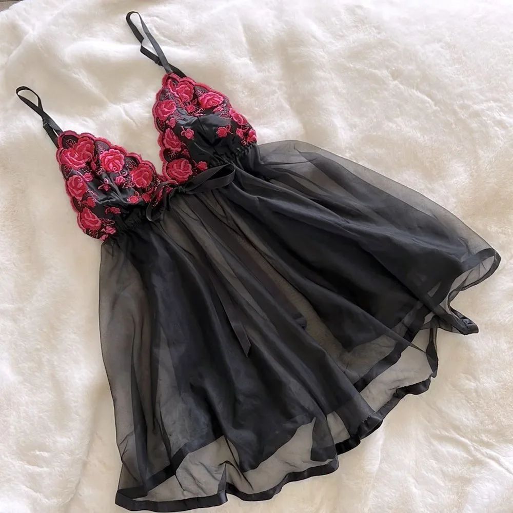 Vintage Y2K black pink floral teddy mini dress L